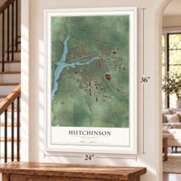 Hutchinson, Minnesota map, 24 x 36 inch print in a white frame by a staircase