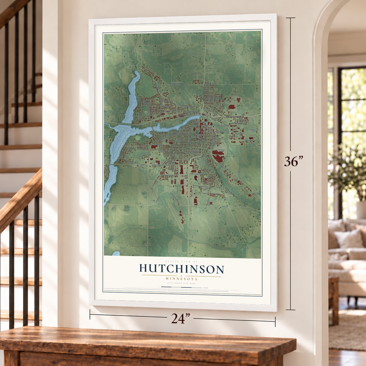 Hutchinson, Minnesota map, 24 x 36 inch print in a white frame by a staircase