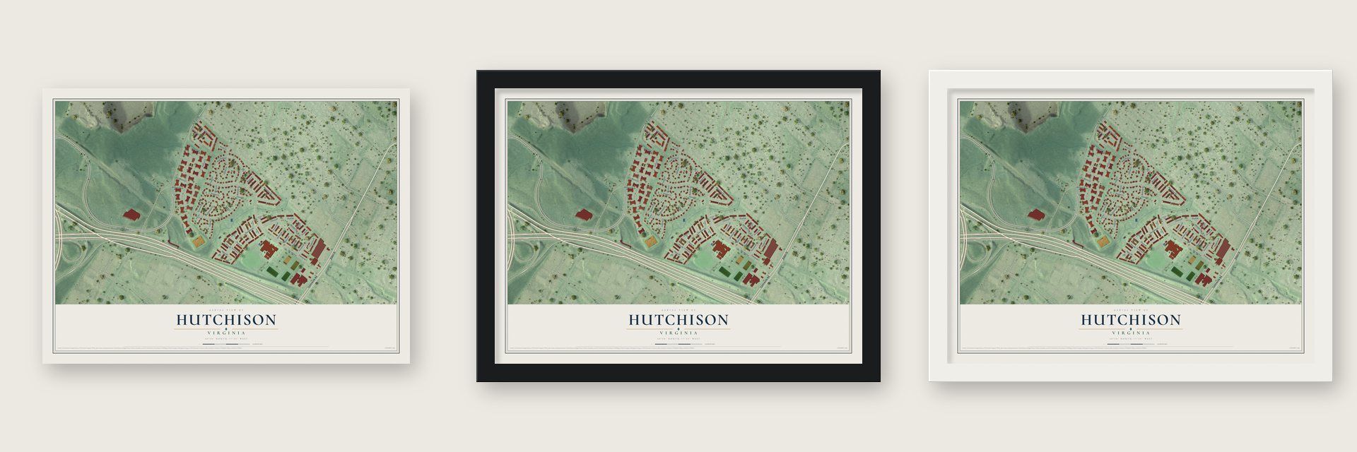 Hutchison, Virginia map unframed, in a black wood frame and in a white wood frame