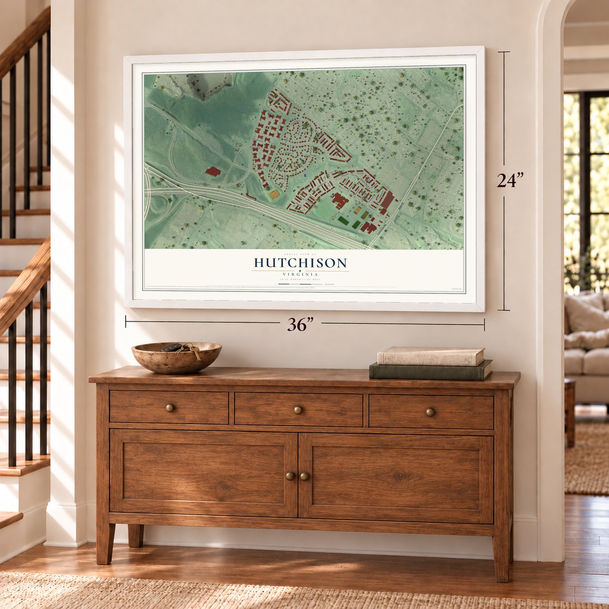 Hutchison, Virginia map, 24 x 36 inch print in a white frame above a dresser by a staircase