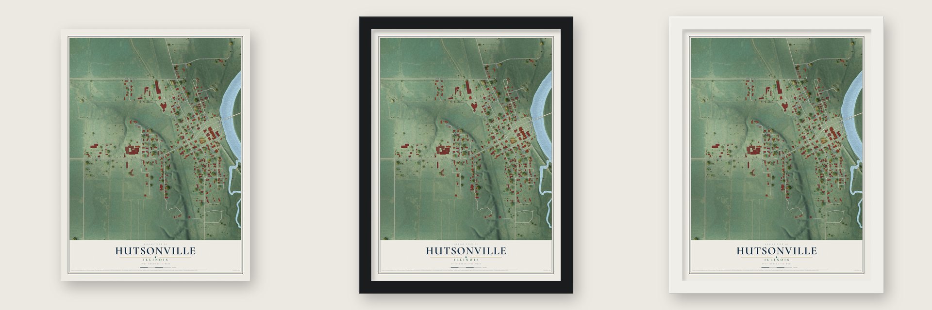 Hutsonville, Illinois map unframed, in a black wood frame and in a white wood frame