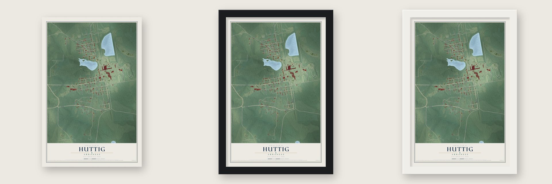 Huttig, Arkansas map unframed, in a black wood frame and in a white wood frame
