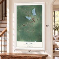 Huttig, Arkansas map, 24 x 36 inch print in a white frame by a staircase