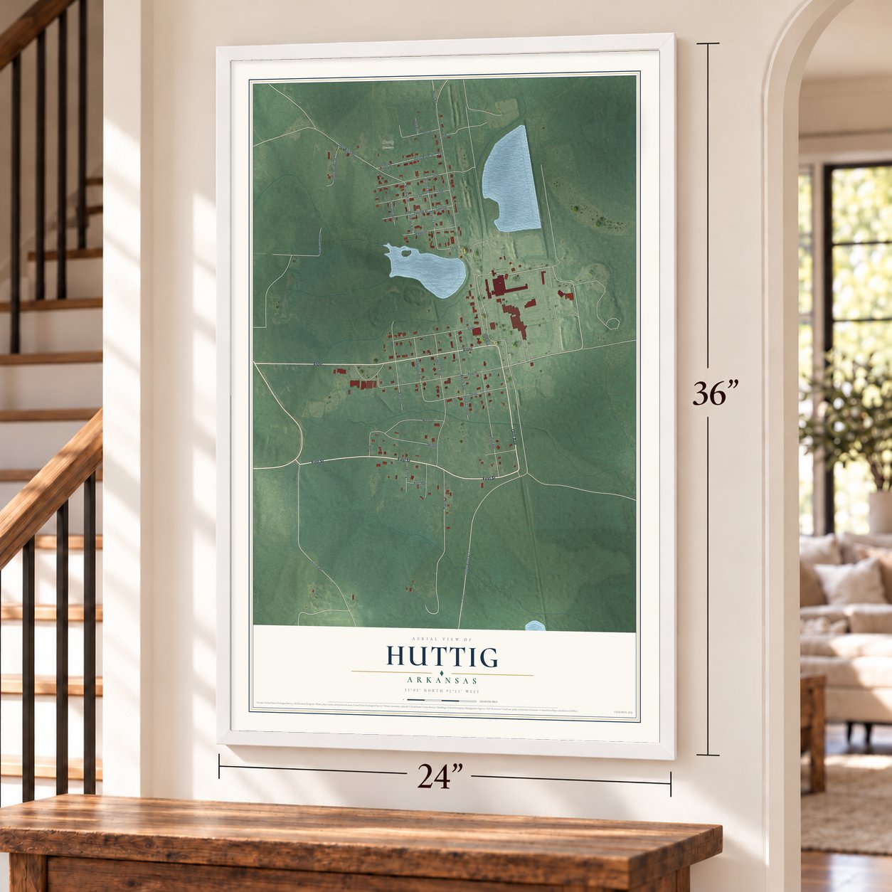 Huttig, Arkansas map, 24 x 36 inch print in a white frame by a staircase