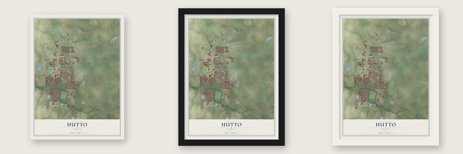 Hutto, Texas map unframed, in a black wood frame and in a white wood frame