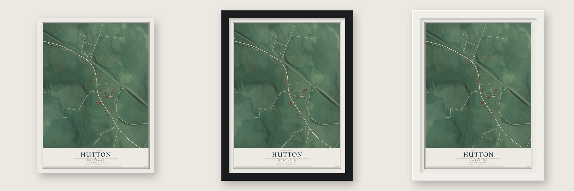Hutton, Maryland map unframed, in a black wood frame and in a white wood frame