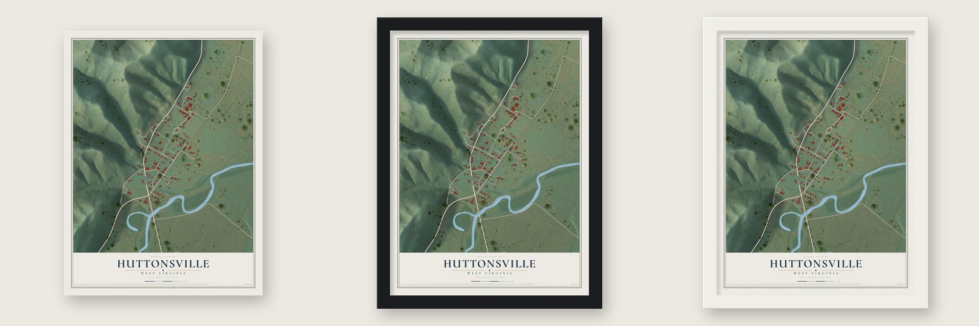 Huttonsville, West Virginia map unframed, in a black wood frame and in a white wood frame