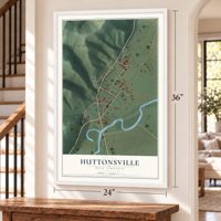 Huttonsville, West Virginia map, 24 x 36 inch print in a white frame by a staircase