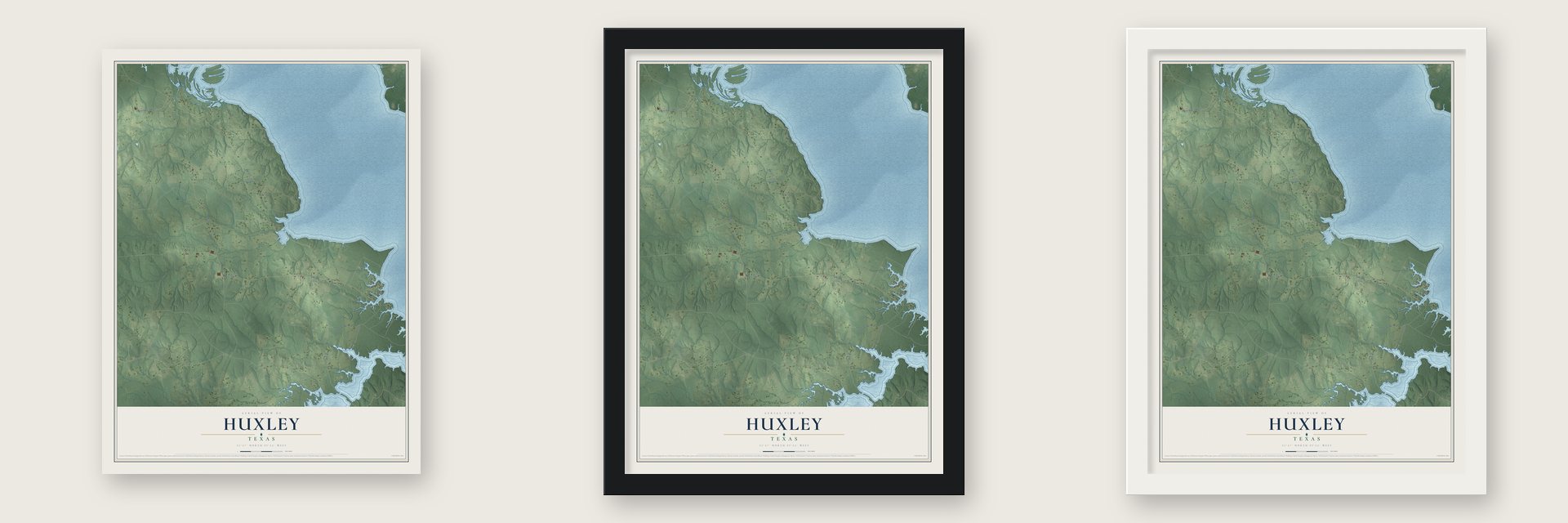 Huxley, Texas map unframed, in a black wood frame and in a white wood frame