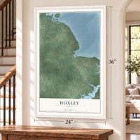 Huxley, Texas map, 24 x 36 inch print in a white frame by a staircase