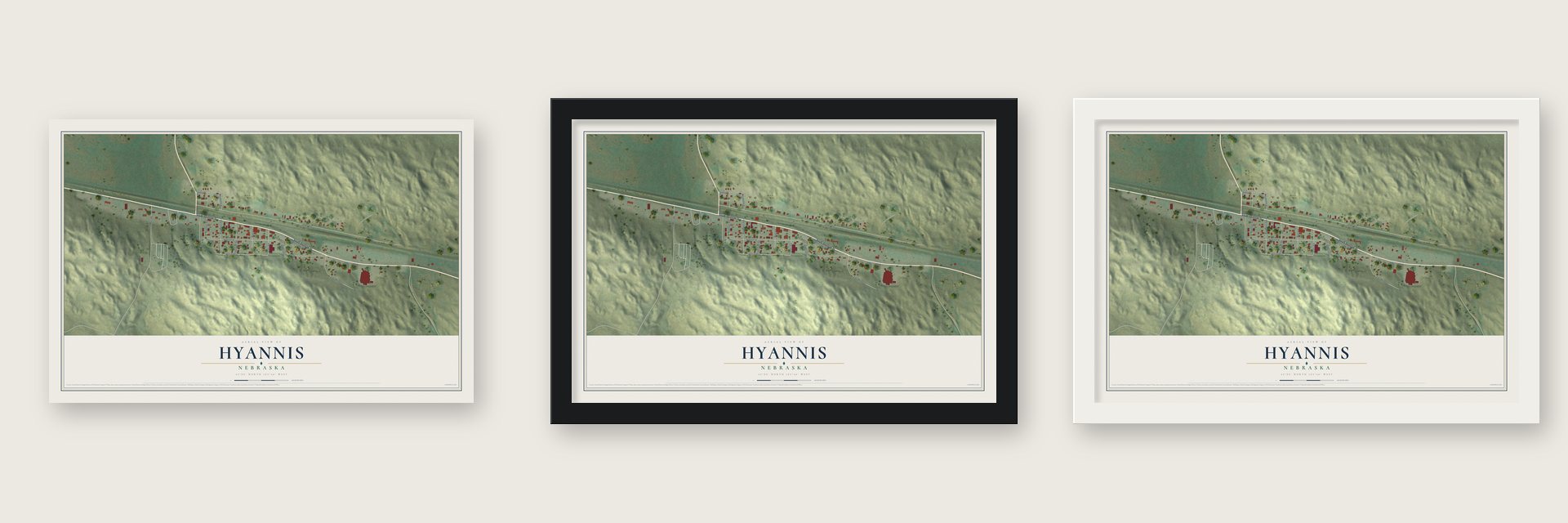 Hyannis, Nebraska map unframed, in a black wood frame and in a white wood frame