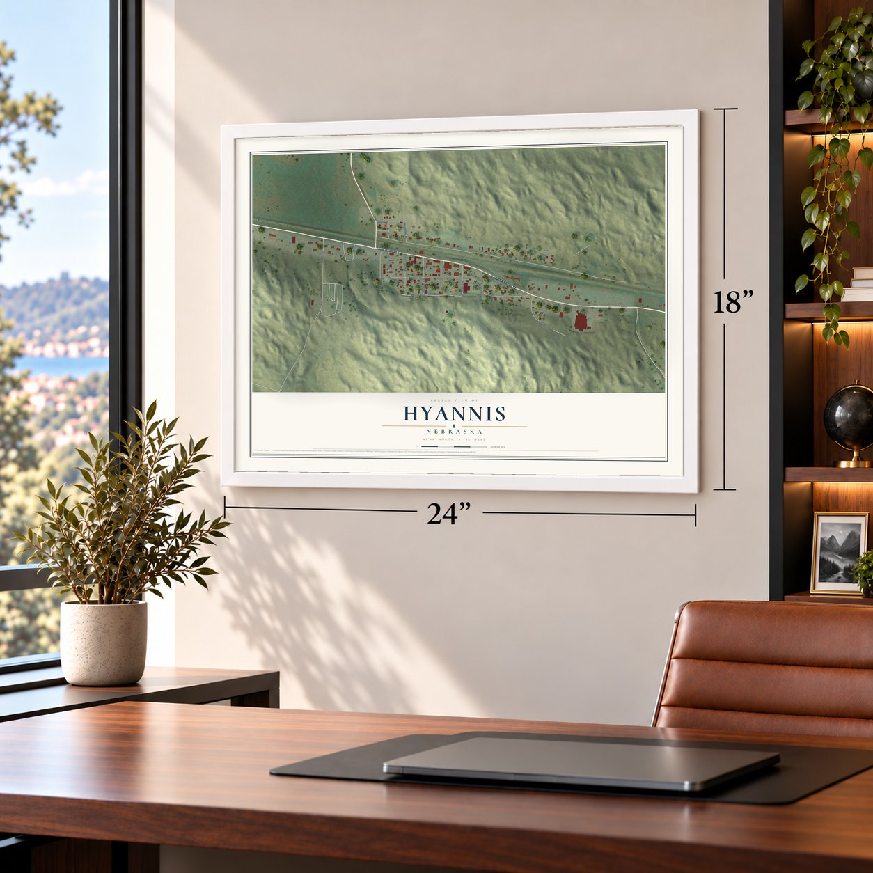 Hyannis, Nebraska map, 18 x 24 inch print in a white frame in a home office