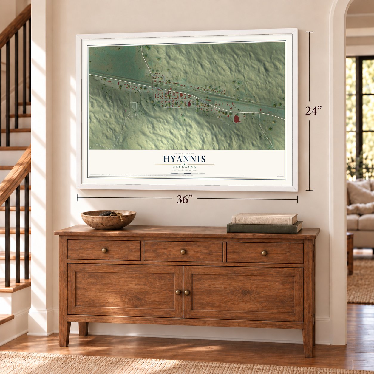 Hyannis, Nebraska map, 24 x 36 inch print in a white frame above a dresser by a staircase