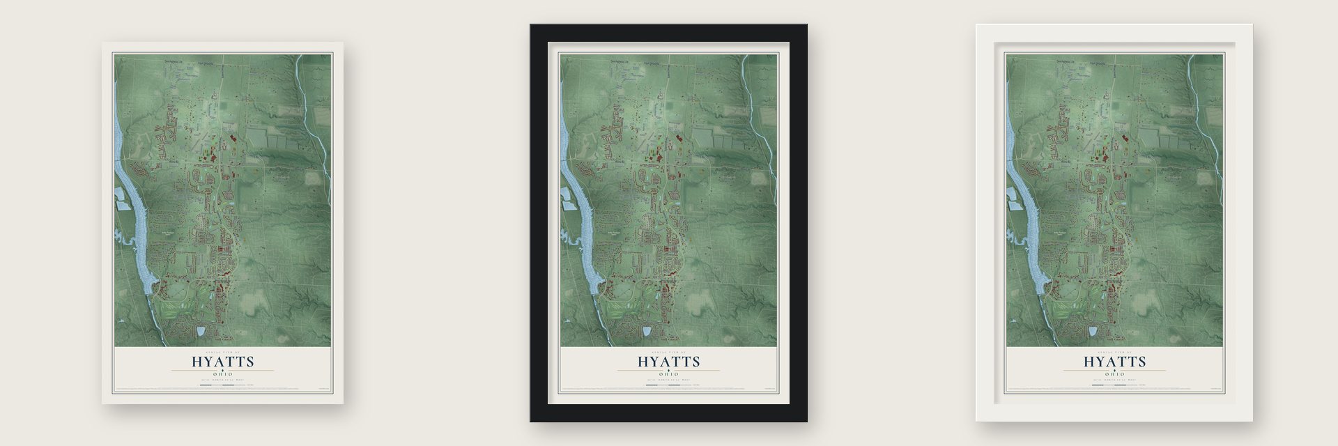 Hyatts, Ohio map unframed, in a black wood frame and in a white wood frame