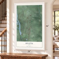 Hyatts, Ohio map, 24 x 36 inch print in a white frame by a staircase