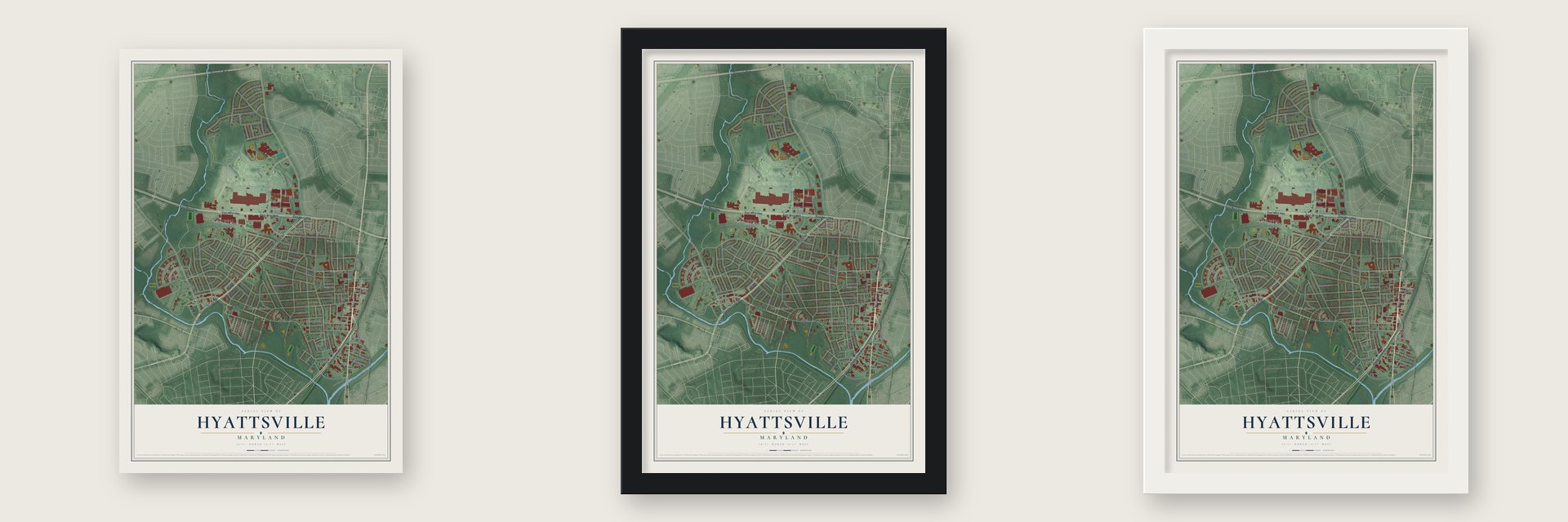 Hyattsville, Maryland map unframed, in a black wood frame and in a white wood frame
