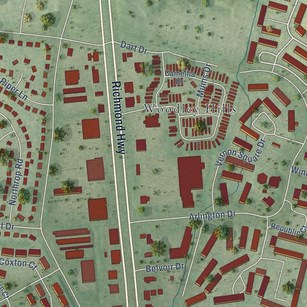 Second close-up of the map of Hybla Valley, Virginia print showing more streets and buildings