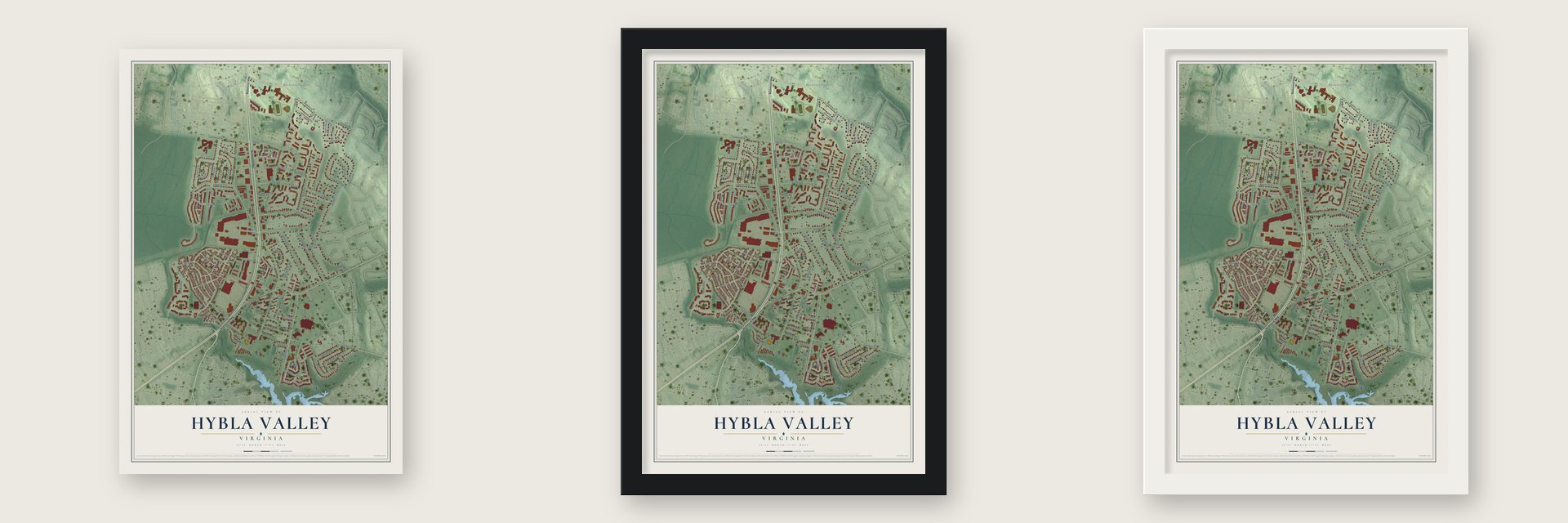 Hybla Valley, Virginia map unframed, in a black wood frame and in a white wood frame