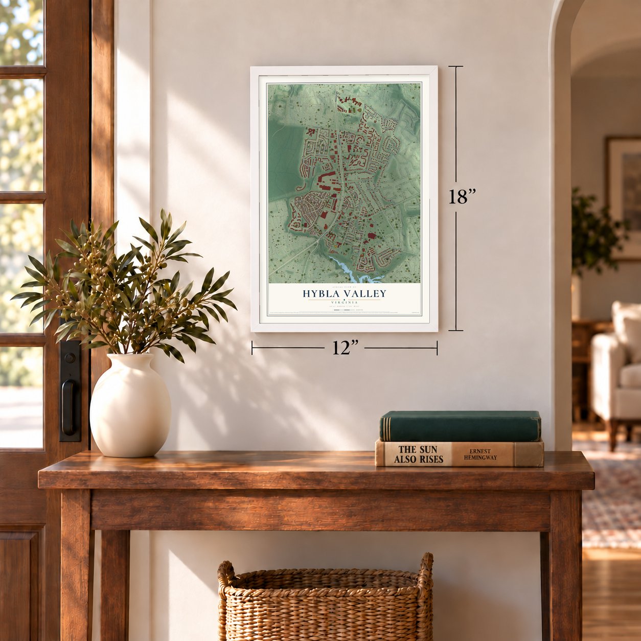 Hybla Valley, Virginia map, 12 x 18 inch print in a white frame in an entryway