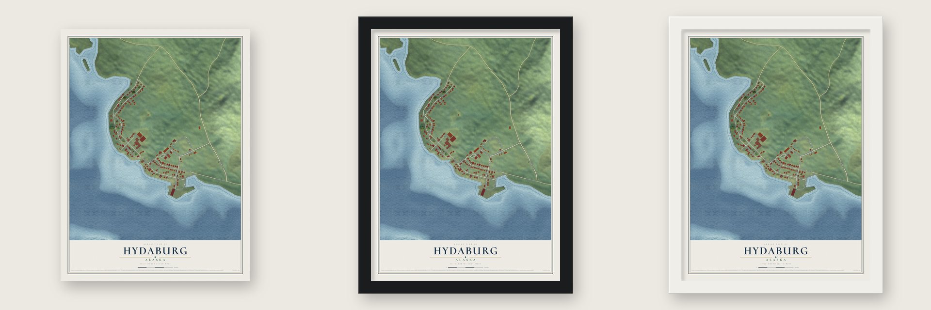 Hydaburg, Alaska map unframed, in a black wood frame and in a white wood frame