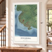 Hydaburg, Alaska map, 24 x 36 inch print in a white frame by a staircase