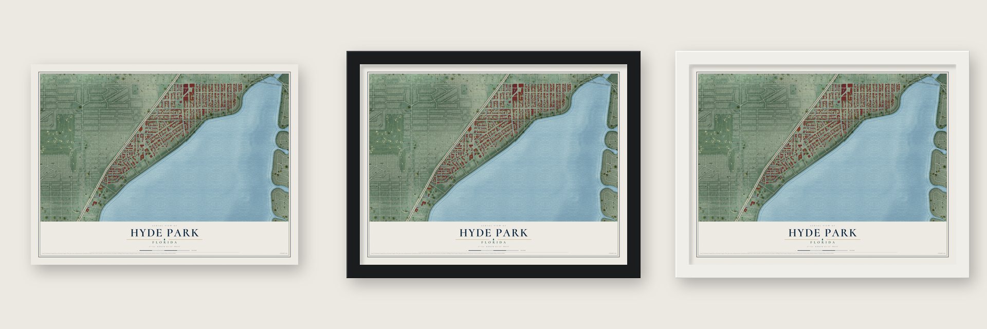Hyde Park, Florida map unframed, in a black wood frame and in a white wood frame