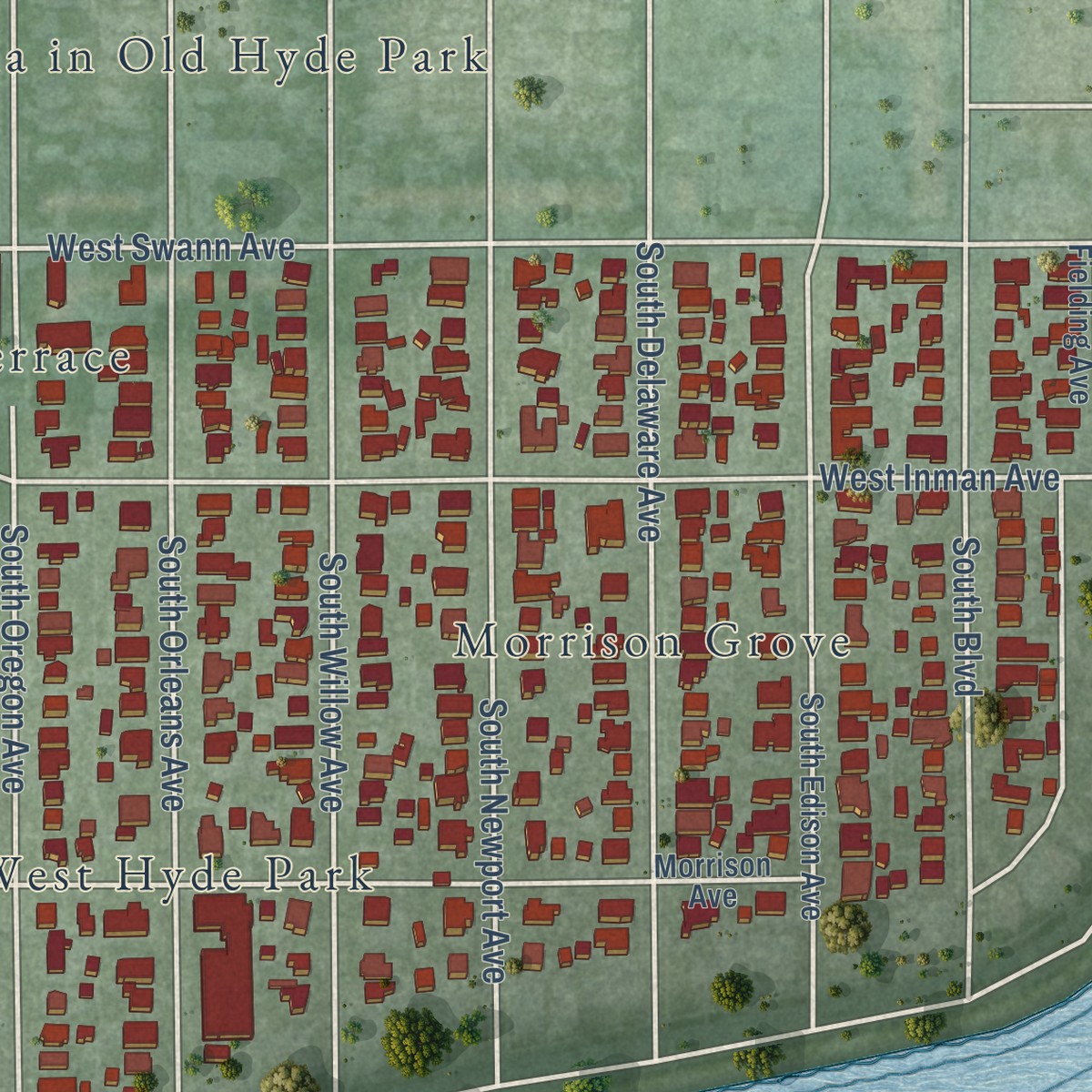 Second close-up of the map of Hyde Park, Florida print showing more streets and buildings