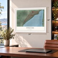 Hyde Park, Florida map, 18 x 24 inch print in a white frame in a home office
