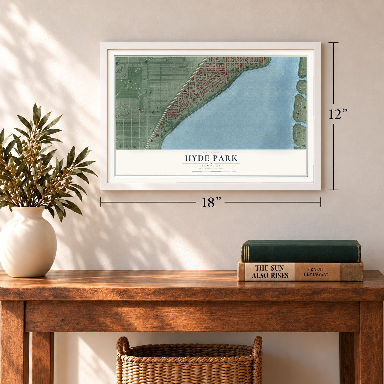 Hyde Park, Florida map, 12 x 18 inch print in a white frame in an entryway