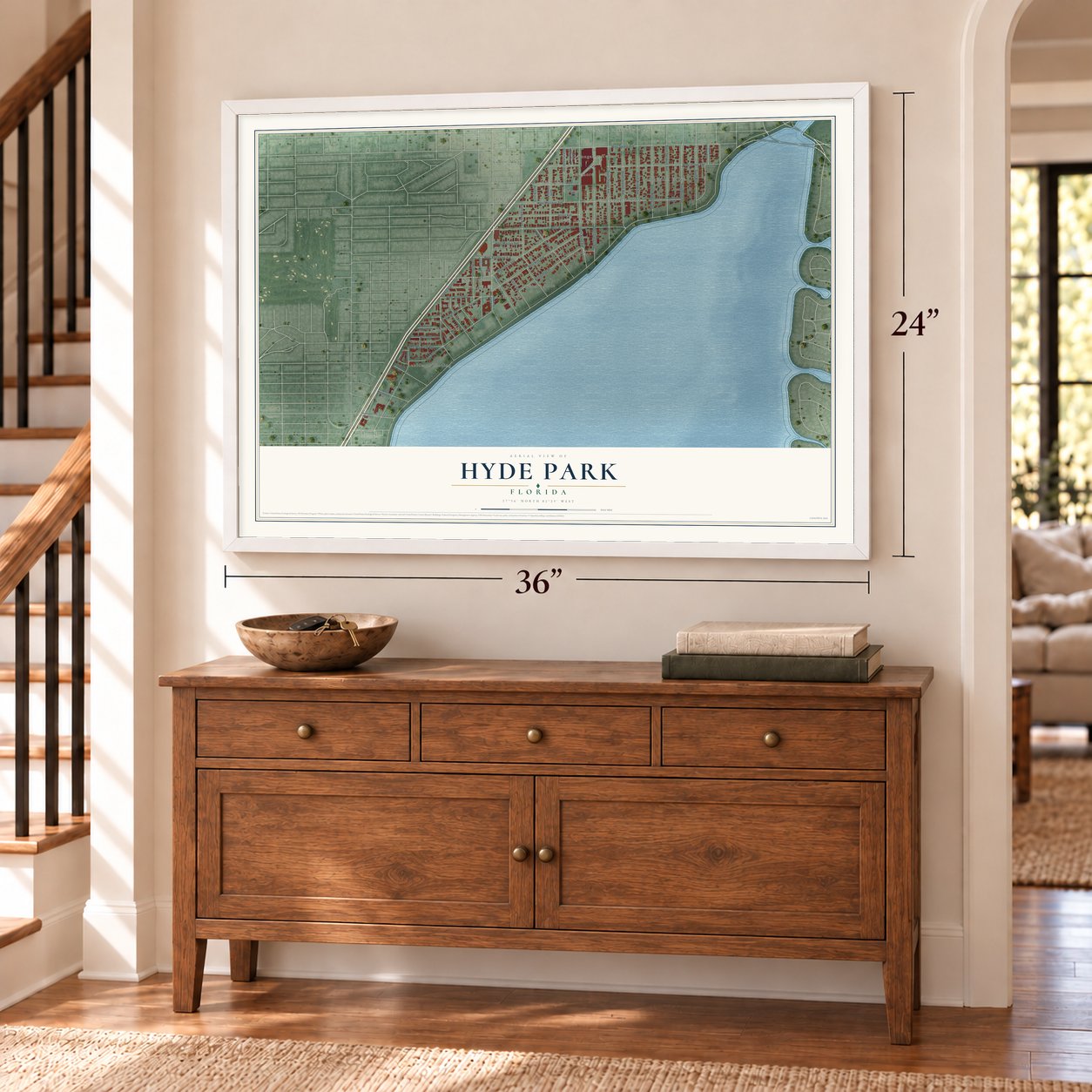 Hyde Park, Florida map, 24 x 36 inch print in a white frame above a dresser by a staircase