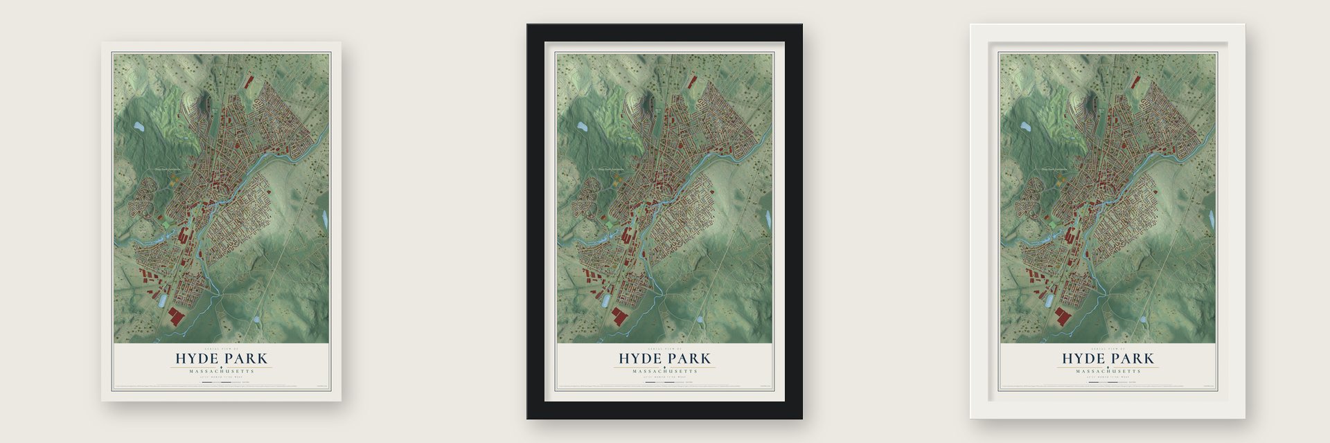 Hyde Park, Massachusetts map unframed, in a black wood frame and in a white wood frame
