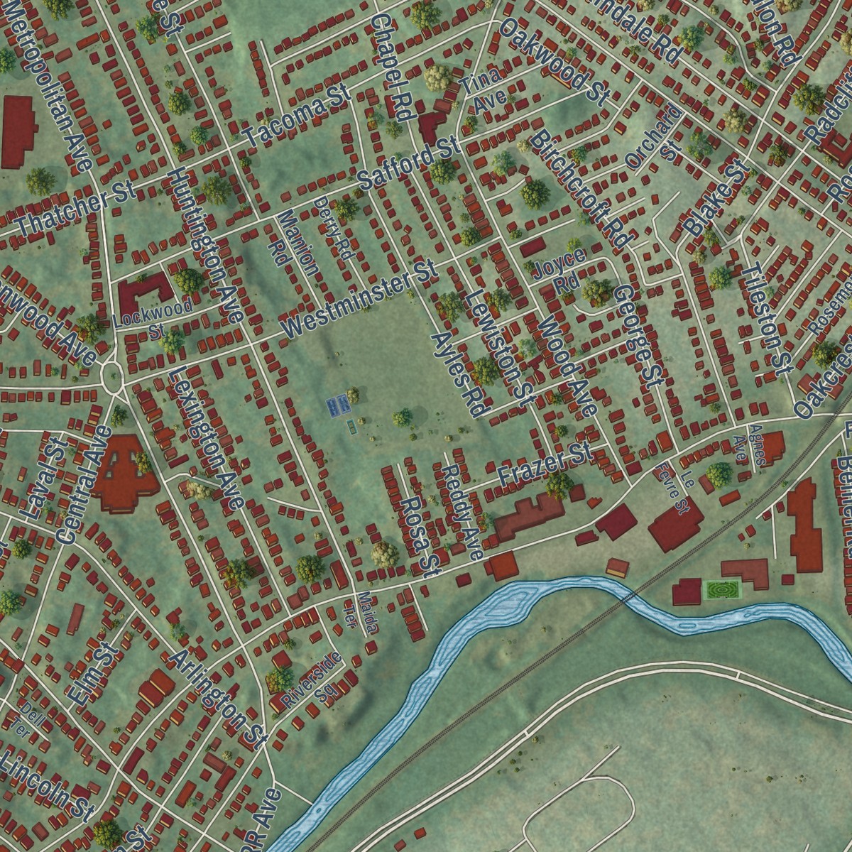 Second close-up of the map of Hyde Park, Massachusetts print showing more streets and buildings