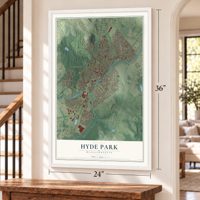 Hyde Park, Massachusetts map, 24 x 36 inch print in a white frame by a staircase