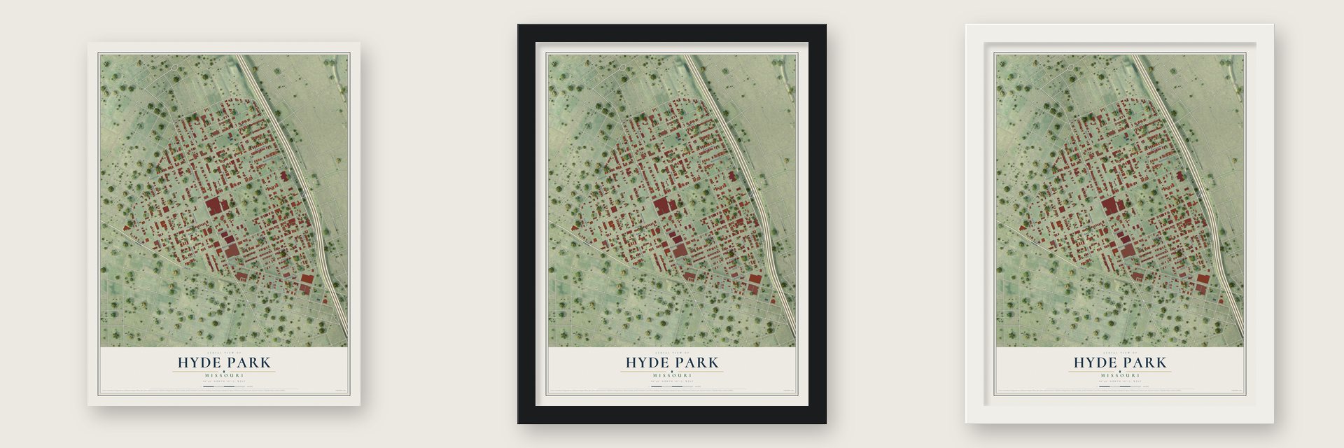 Hyde Park, Missouri map unframed, in a black wood frame and in a white wood frame