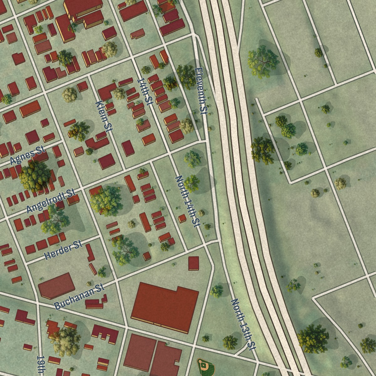 Second close-up of the map of Hyde Park, Missouri print showing more streets and buildings