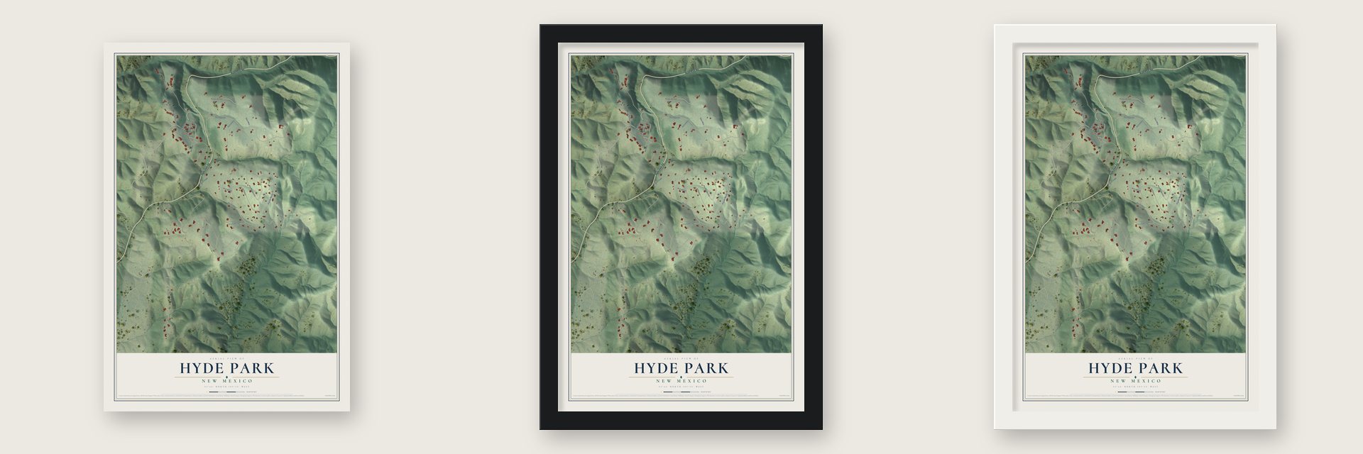 Hyde Park, New Mexico map unframed, in a black wood frame and in a white wood frame