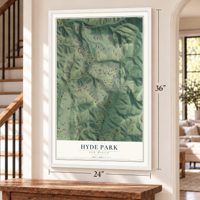 Hyde Park, New Mexico map, 24 x 36 inch print in a white frame by a staircase