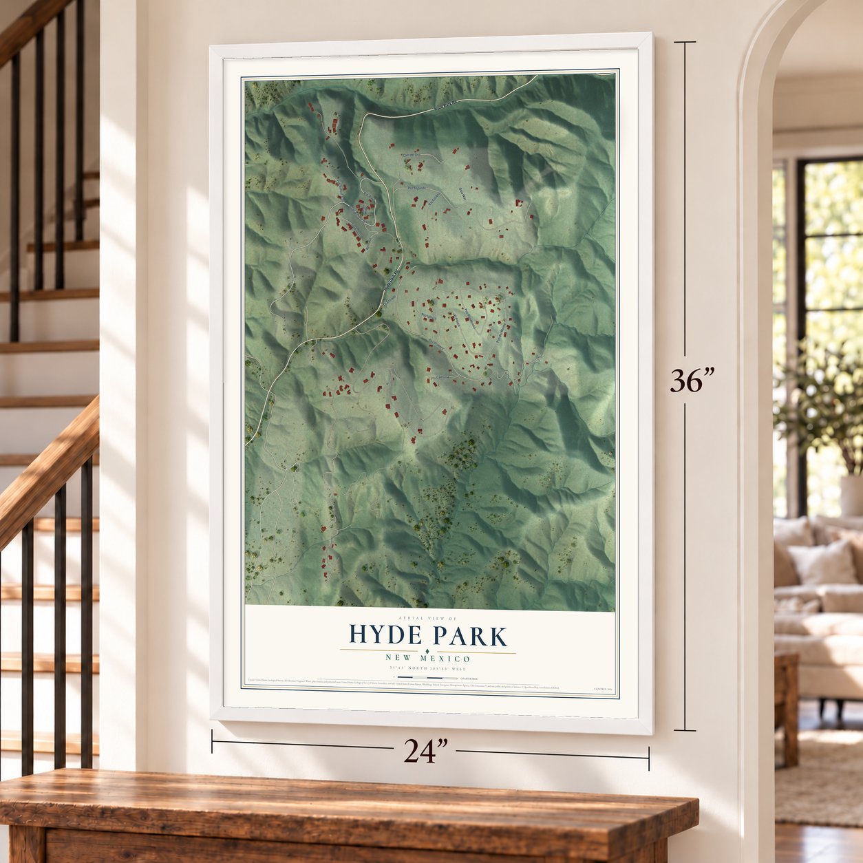 Hyde Park, New Mexico map, 24 x 36 inch print in a white frame by a staircase