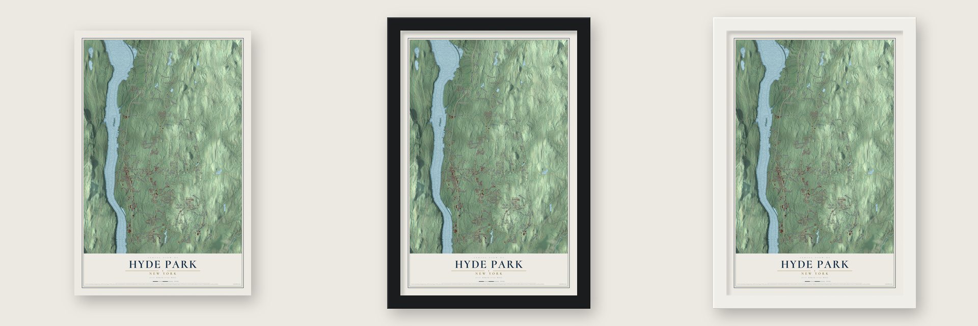 Hyde Park, New York map unframed, in a black wood frame and in a white wood frame