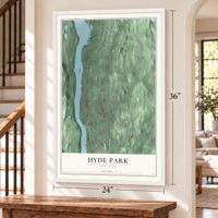 Hyde Park, New York map, 24 x 36 inch print in a white frame by a staircase
