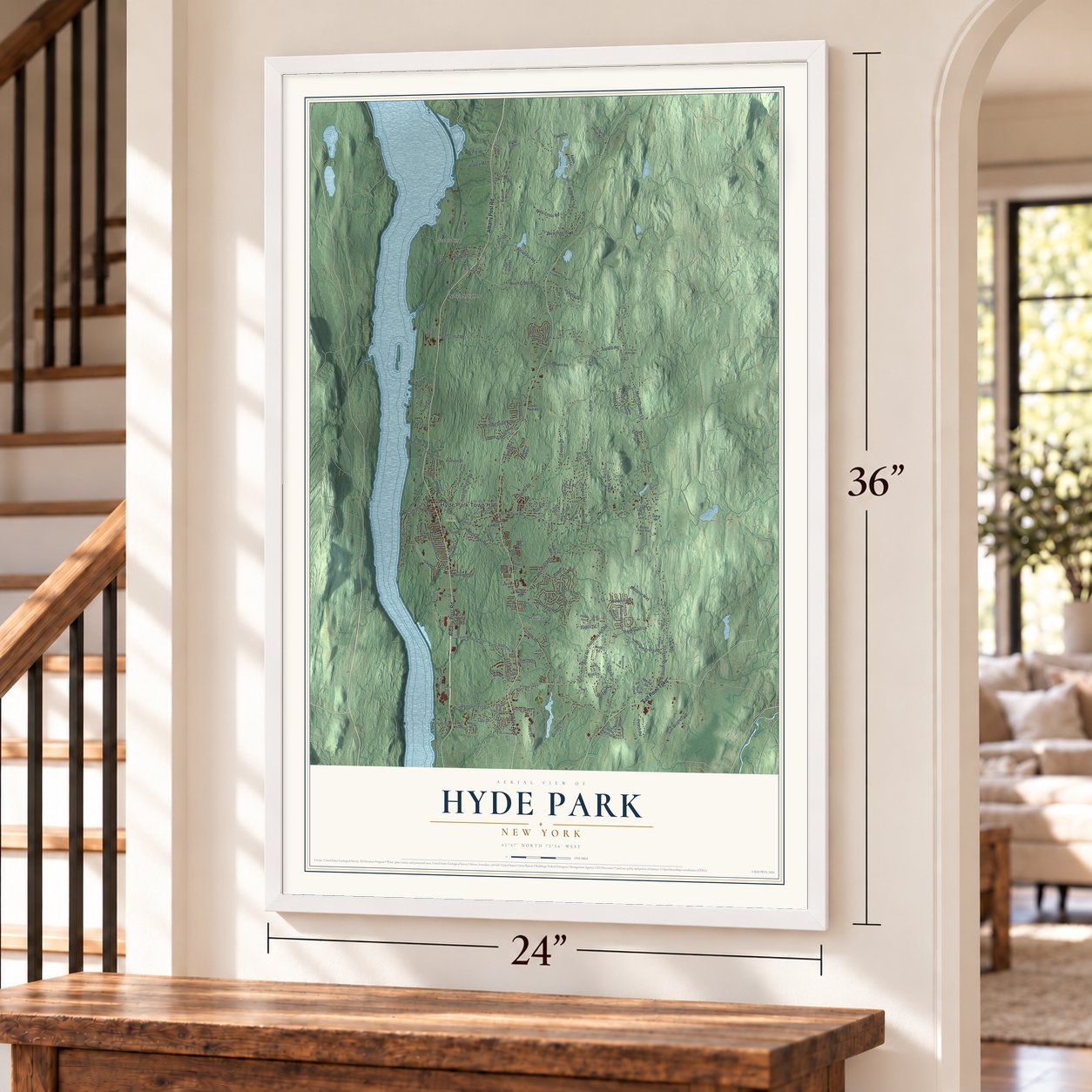 Hyde Park, New York map, 24 x 36 inch print in a white frame by a staircase