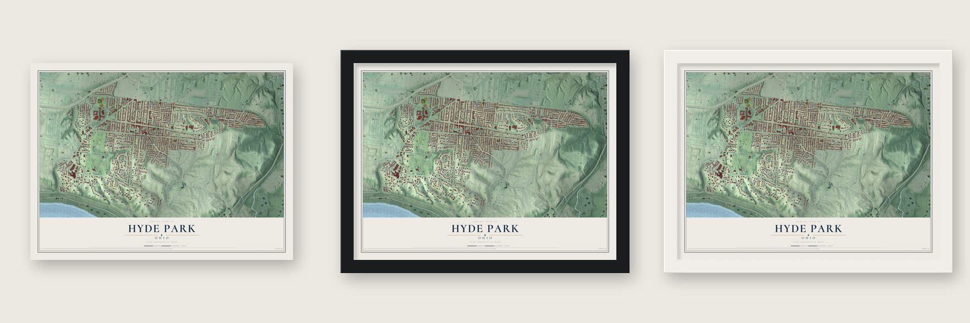 Hyde Park, Ohio map unframed, in a black wood frame and in a white wood frame
