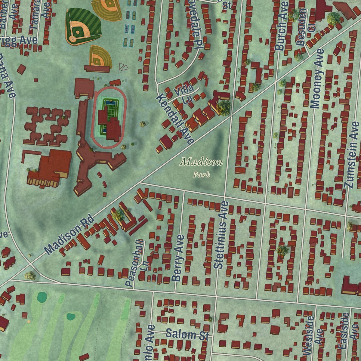 Second close-up of the map of Hyde Park, Ohio print showing more streets and buildings