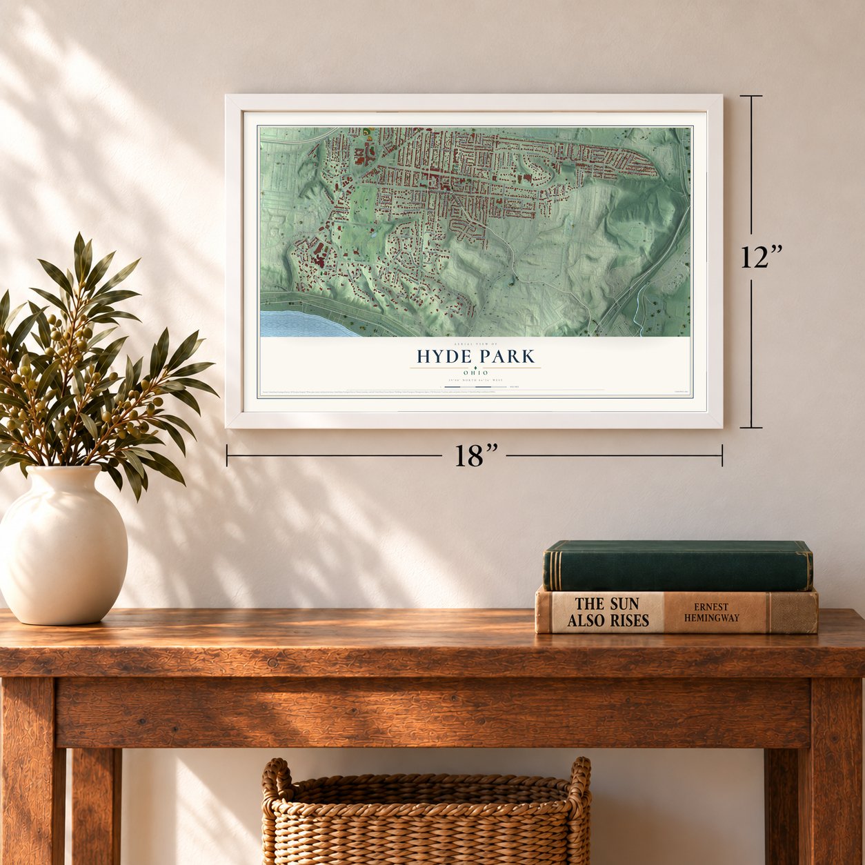 Hyde Park, Ohio map, 12 x 18 inch print in a white frame in an entryway