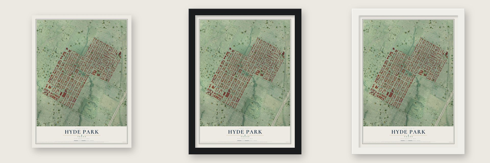 Hyde Park, Texas map unframed, in a black wood frame and in a white wood frame