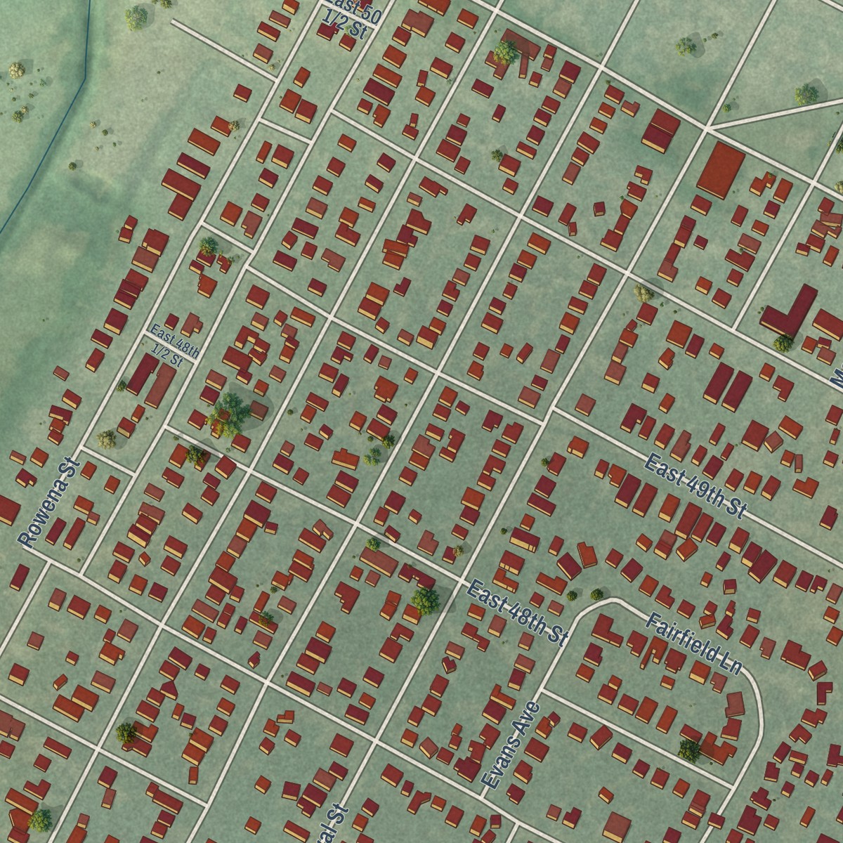 Second close-up of the map of Hyde Park, Texas print showing more streets and buildings