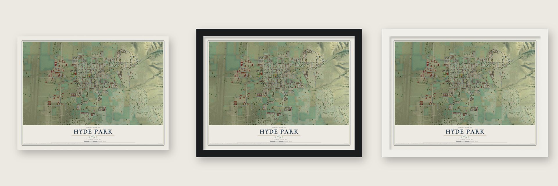 Hyde Park, Utah map unframed, in a black wood frame and in a white wood frame