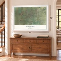 Hyde Park, Utah map, 24 x 36 inch print in a white frame above a dresser by a staircase