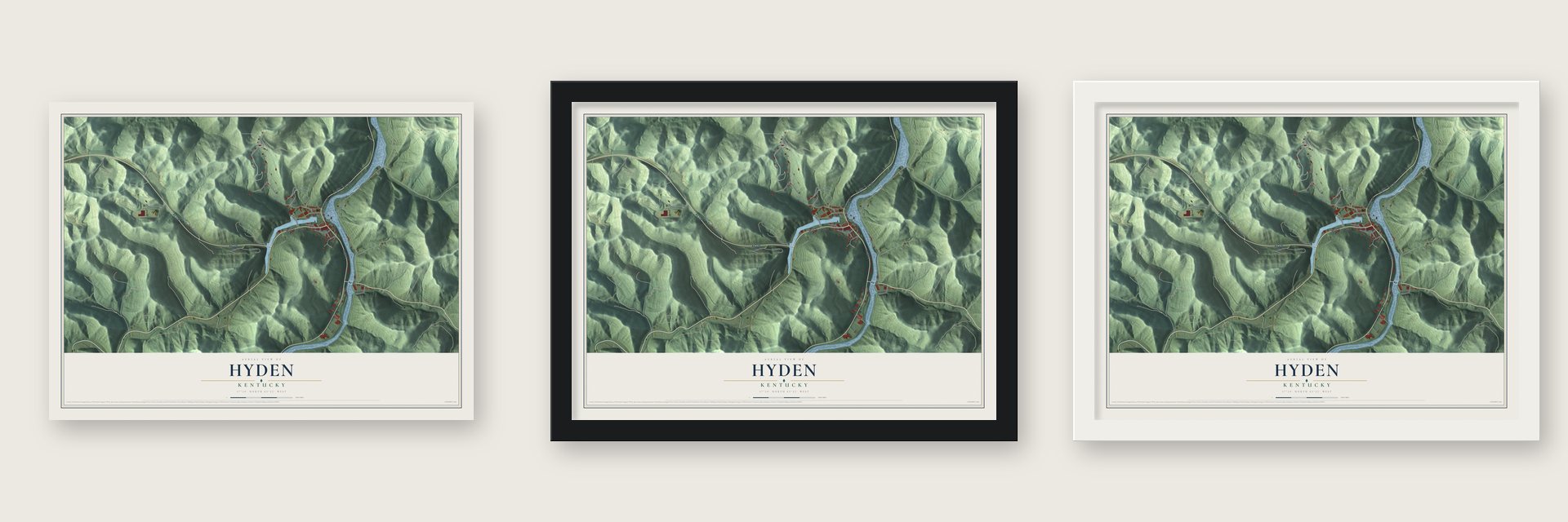 Hyden, Kentucky map unframed, in a black wood frame and in a white wood frame