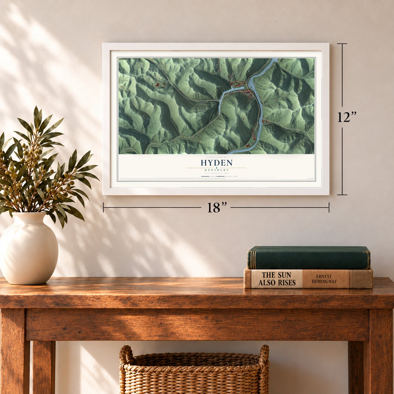 Hyden, Kentucky map, 12 x 18 inch print in a white frame in an entryway